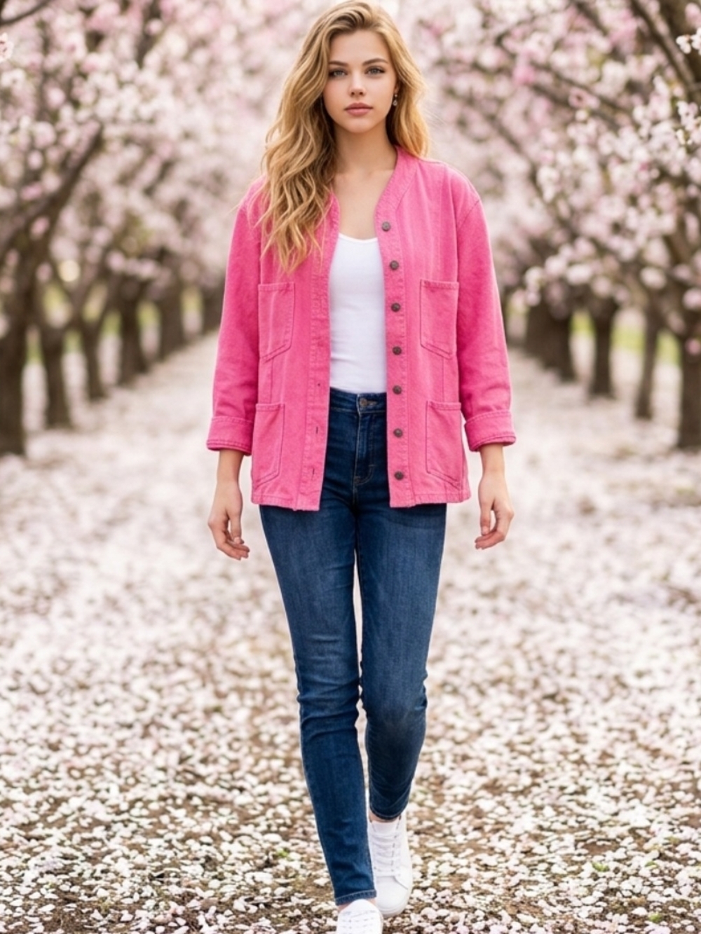 Rose Red Collarless Denim Jacket With Packets And Button Closure